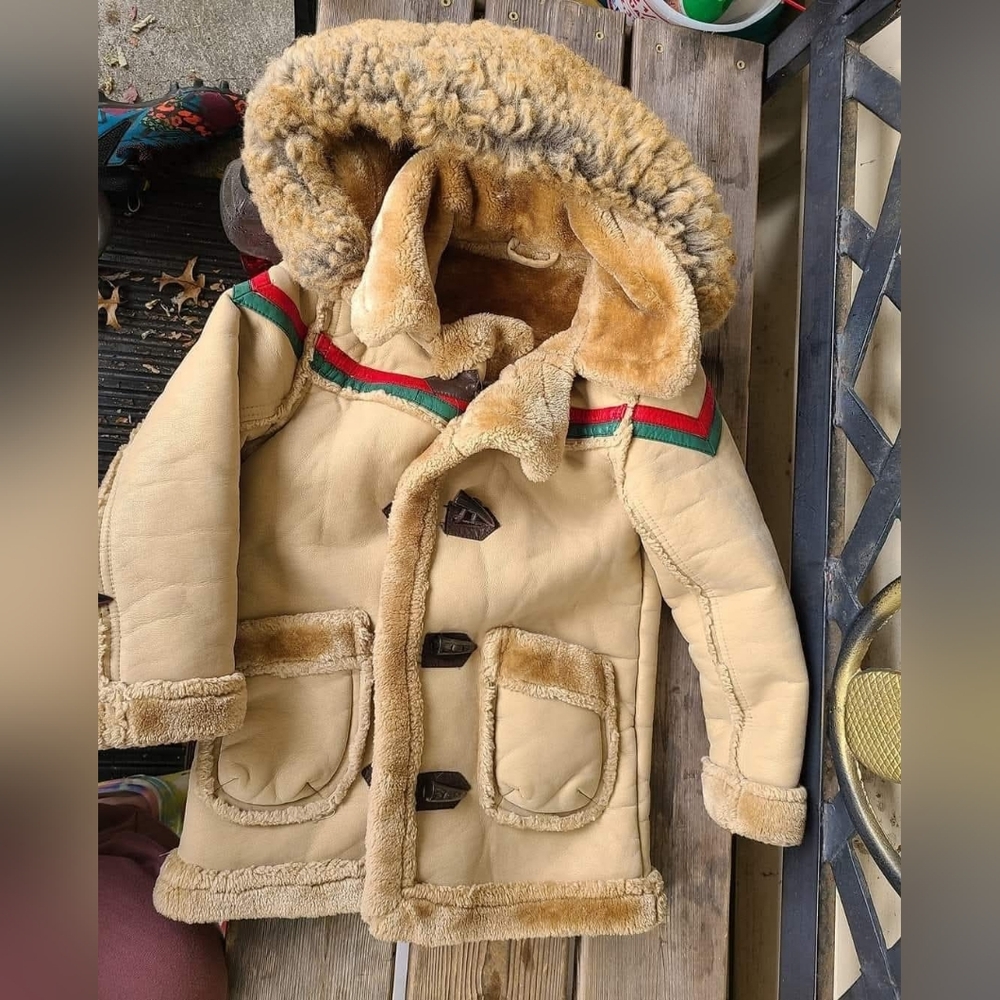 JORDAN CRAIG Kids SZ 6 Tan Hooded Coat Red Green Stripes Sherling Winter coat